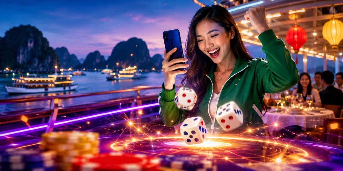 Bảng xúc xắc neon và không khí trò chơi Tài Xỉu tại vịnh Hạ Long về đêm
